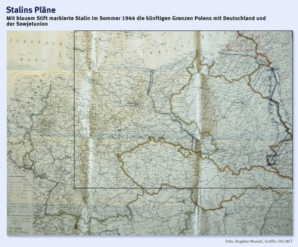 Stalins Plne: Mit blauem Stift markierte Stalin die knftigen Grenzen Polens mit Deutschland und der Sowjetunion. Zur Vergrerung des markierten Kartenausschnitts Grafik anklicken!