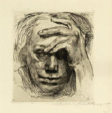 Kthe Kollwitz (1867-1945) - Selbstbildnis mit der Hand an der Stirn, 1910. Originalgre: 15,3 x 13,5 cm. - Zur Vergrerung anklicken!